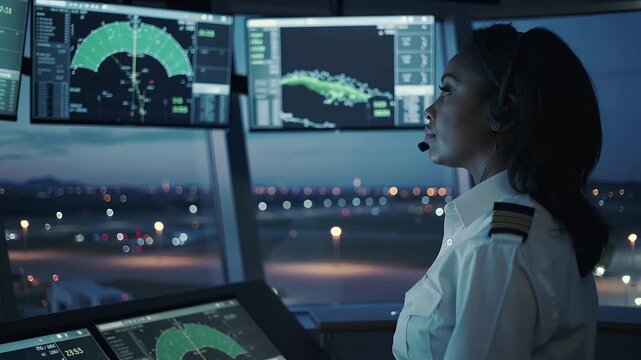 Pilot monitors air traffic from control tower during evening shift at airport in bustling city