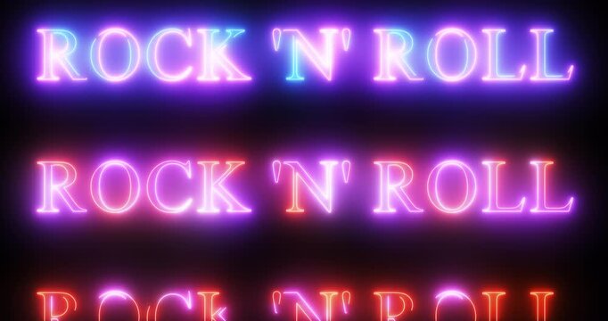 Rock N Roll in neon lights on screen. Loop