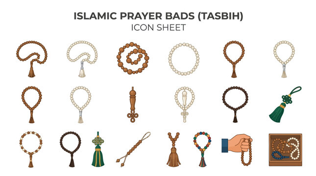 Set of various islamic prayer beads tasbih icons on white background, concept for religious illustration, ramadan decoration and spiritual meditation