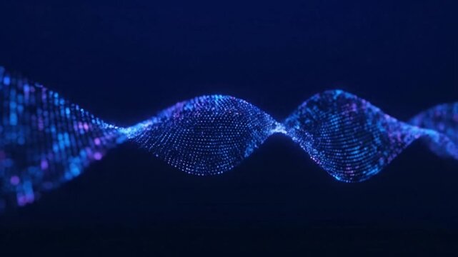 Fluid particle wave creating an abstract dynamic visual, illustrating advanced technology, big data networks, and scientific research with vibrant digital energy