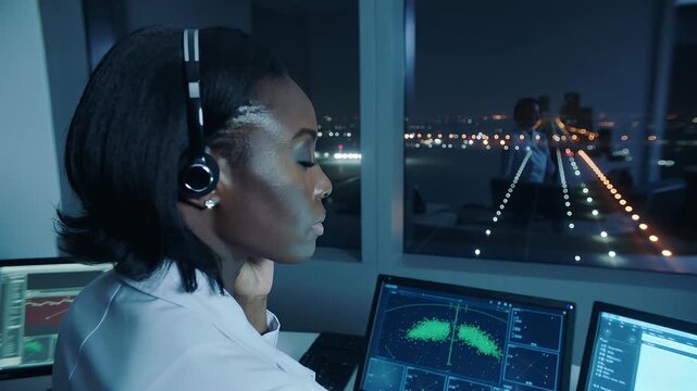 Night shift at the control center with a focused operator observing air traffic from the window