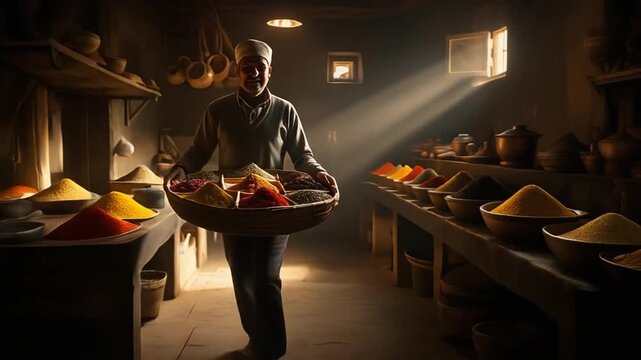 Chef in a rustic kitchen carrying a tray of colorful spices.
