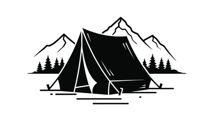 Black and white illustration of a tent in front of mountains and trees in a scenic landscape © Luard H