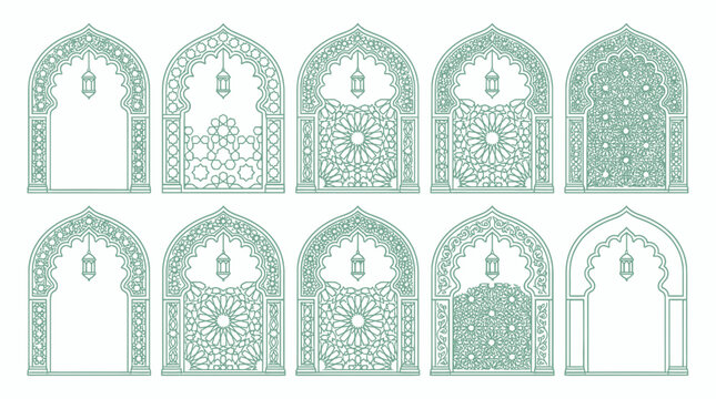 Set of ten islamic style arches with intricate geometric pattern and hanging lanterns, concept for ramadan greeting card, middle eastern architectural decoration and cultural event design