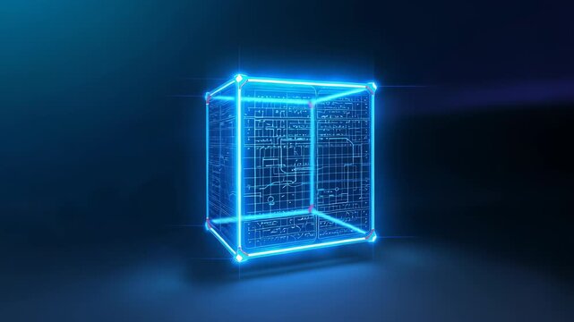 Glowing blue wireframe cube with visible internal grid floating against a dark digital background