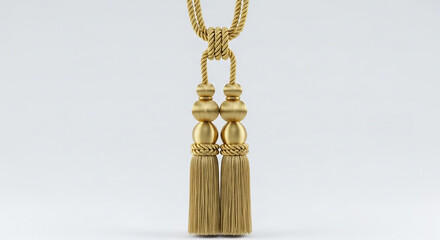 Golden Tassel Ornament with Beads and Rope on White Background