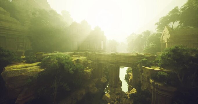 foggy ravine with narrow stone bridge, low clouds drifting between steep cliffs, dim golden backlight carving silhouettes, dense canopy and mossy ledges, moody