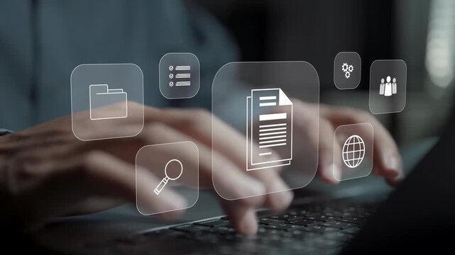 Corporate data document management system concept. Person typing keyboard with file management and cloud storage icons, business documentation, information control and data management.