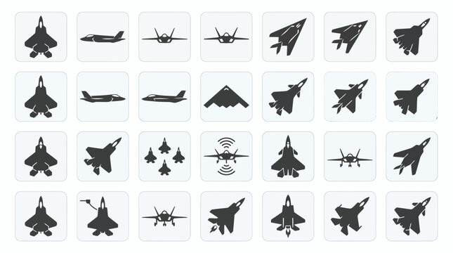 Set of modern military fighter jet icons in silhouette style, concept for aviation defense technology, aeronautical engineering industry and stealth weapon equipment
