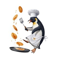 Fototapeta premium A playful penguin chef flipping pancakes in a kitchen with a spatula and apron