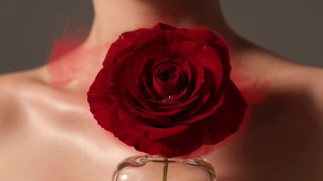 Sensual closeup of a deep red rose emerging from a perfume bottle, emanating red vapor or smoke around a person's bare collarbone area.