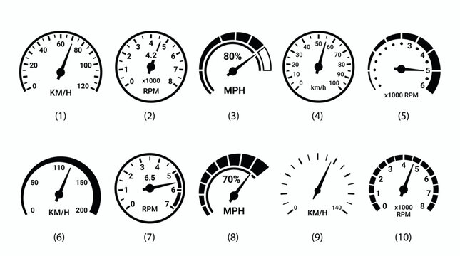 Set of black and white speedometer and tachometer icons isolated on white background, concept for automotive dashboard design, vehicle performance monitoring and industrial gauge measurement