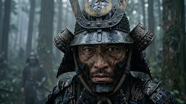 Fierce Japanese samurai warrior in ornate black armor and helmet standing in misty forest representing feudal bushido honor courage and the legendary spirit of ancient Japanese military culture
