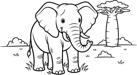 Fototapeta premium A black and white illustration of an elephant in a savannah