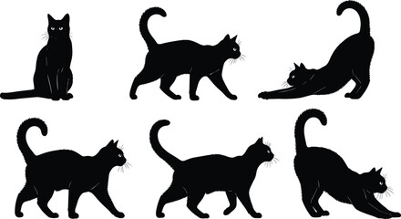 Black cat silhouettes in various poses feline animal pets © Salam Creatives