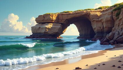 rock arch formation on sandy beach with waves gently crashing against shore under a clear blue sky at sunset, concept coastal beauty