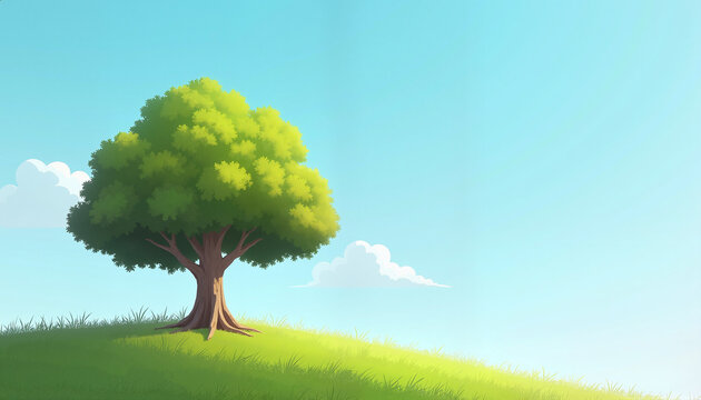 solitary green tree standing on a grassy hill against a clear blue sky with light clouds, concept nature and tranquility
