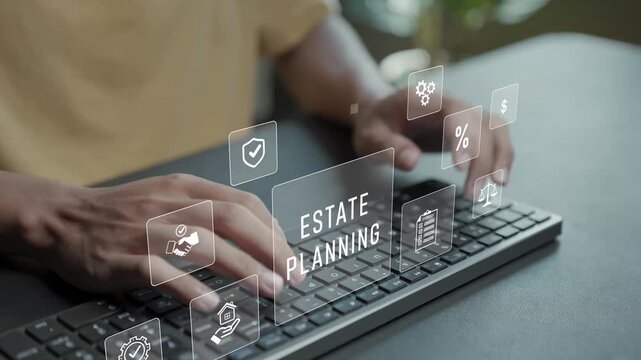 Financial estate planning strategy concept. Person typing keyboard with legal document and property icons, wealth transfer planning, inheritance management and financial security.
