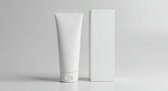 White cosmetic tube and box mockup on white background, product packaging design.