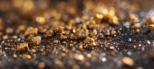Close-Up of Shiny Gold Particles on Dark Granular Surface with Soft Lighting