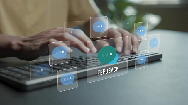 Customer feedback concept. Person typing keyboard with review and rating icons, customer satisfaction survey, user experience evaluation and service improvement.