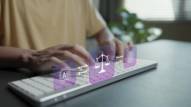 AI ethics concept. Person typing keyboard with artificial intelligence and ethical governance icons, responsible AI development, technology transparency and digital trust.