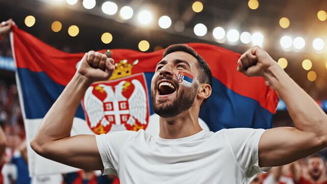 Male fan celebrating victory at a sports event, wearing a white shirt and waving a Serbian flag with excitement in a crowded stadium filled with cheering supporters