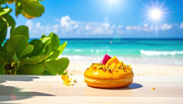 Delicious Tropical Mango Passionfruit Donut with Vibrant Fruit Toppings on a Sunny Beach
