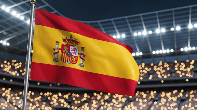 Spanish flag waving in a stadium with bright lights illuminating the background, showcasing vibrant colors and intricate details of the national emblem