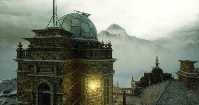 lit rooftop observatory tower beneath golden dusk. warm light bathes brass fittings and weathered stone, dome silhouette stands against amber clouds, distant