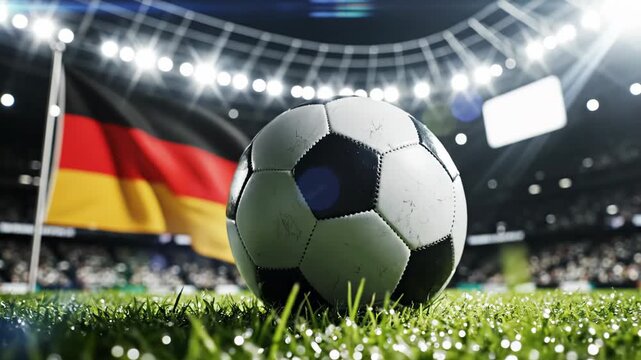 Soccer ball positioned on green grass field with German flag in the background, illuminated stadium lights creating a vibrant atmosphere for the match