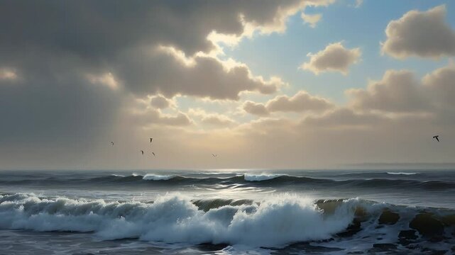 Ocean Waves Under a Cloudy Sky - A Serene Coastal Scene.