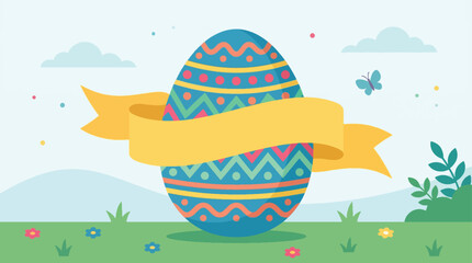 Fototapeta premium Vibrant Easter Egg Vector Illustration with Blank Yellow Ribbon for Text, Set on a Green Grassy Landscape with Clouds and Butterfly, Perfect for Holiday Banners and Promotions