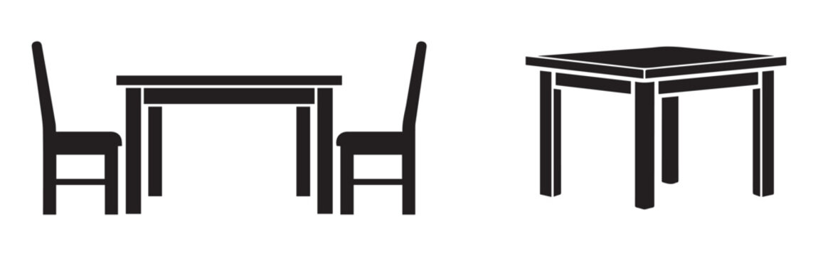 Collection of dining table floor plan icons, featuring rectangular, circular, and square sets for restaurant and home use.