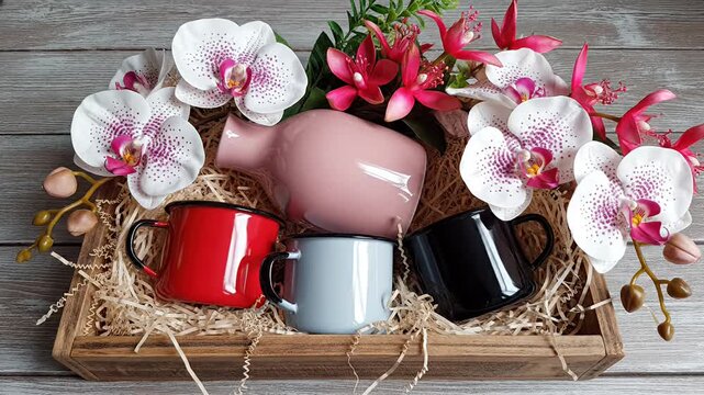 Gift box with colorful mugs, pink teapot, and artificial flowers