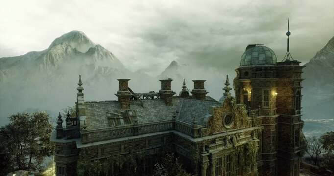 alpine observatory dome in thick fog, rounded tower and gilded dome framing mountain peak, soft glowing window light and misted panorama, atmospheric setting