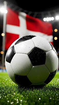 Soccer ball resting on wet grass in front of a waving Danish flag, illuminated by stadium lights, showcasing a vibrant sports atmosphere during a match