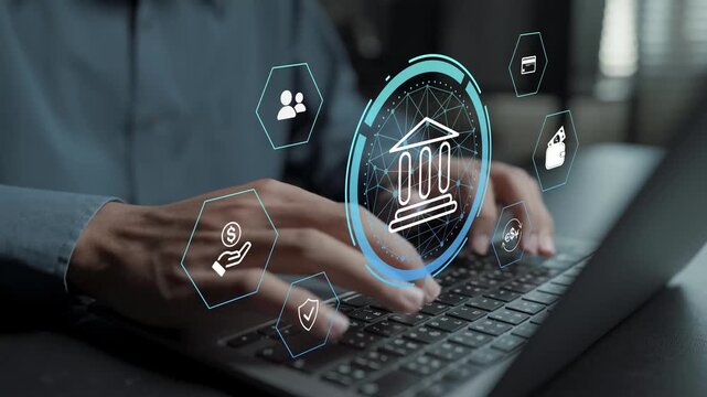 Online digital banking service concept. Person using laptop with banking and financial management icons, electronic transactions, account management and fintech innovation.