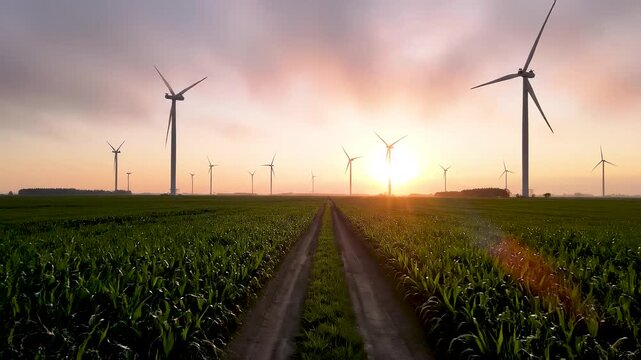 A vast field of wind turbines stands silhouetted against a vibrant sunset, casting long shadows across a dirt path leading through lush green crops.