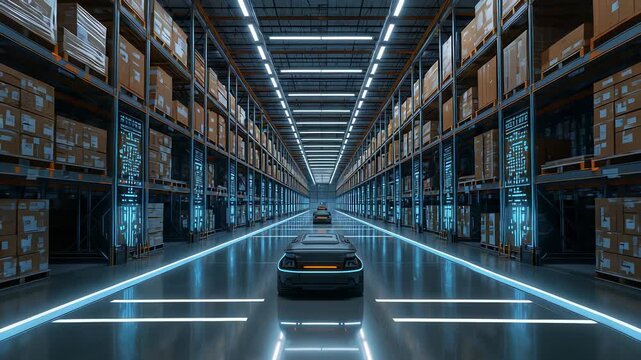 Automated transport robots moving through a brightly illuminated warehouse aisle lined with stacked boxes