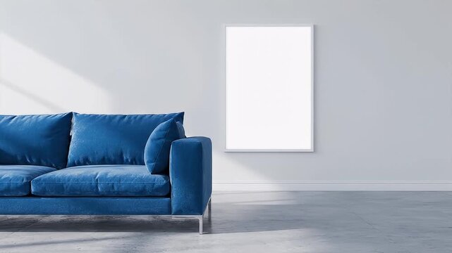 Modern blue couch in empty room.