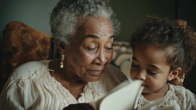 Warm portrait of a grandmother and her granddaughter. They are joyfully reading a book together, sharing a precious moment. Family bonds, love, and intergenerational connection are visible.