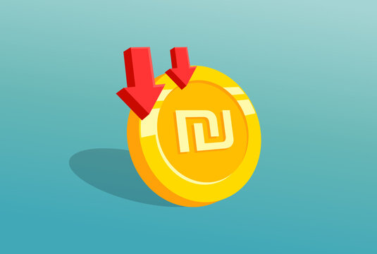 Israeli Shekel Coin with Red Down Arrows Illustrates Currency Decline