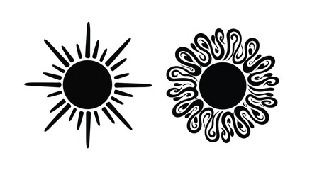 Two stylized black suns with unique ray and swirl designs