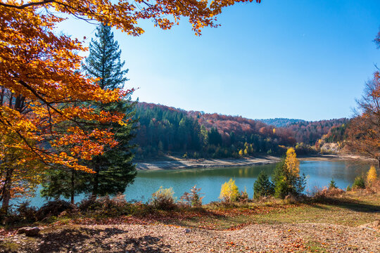 Lake Seliste on Mount Goc in autumn with beautiful autumn colors. The lake is located near Vrnjacka Banja in Serbia.
