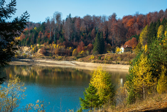 Lake Seliste on Mount Goc in autumn with beautiful autumn colors. The lake is located near Vrnjacka Banja in Serbia.
