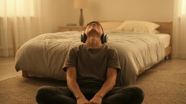 Relaxed teenage boy sitting on a rug in his bedroom wearing wireless headphones, eyes closed, leaning his head back in bliss while listening to music or a guided meditation at home.