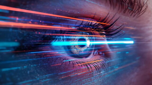 Extreme close view of a human eye illuminated by horizontal blue and red digital scanning beams