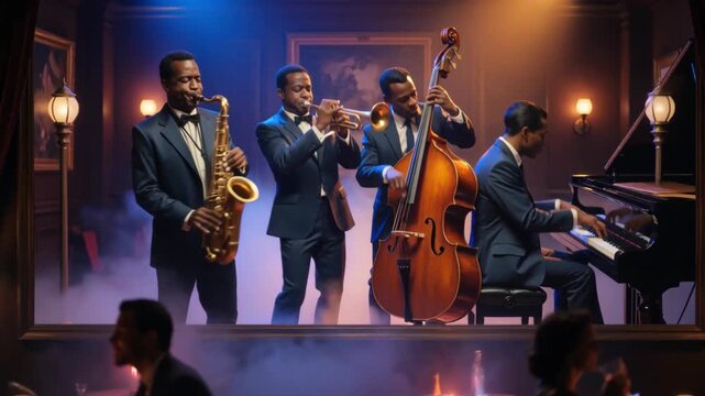 Smooth jazz quartet saxophone trumpet double bass intimate smoky club with moody lighting