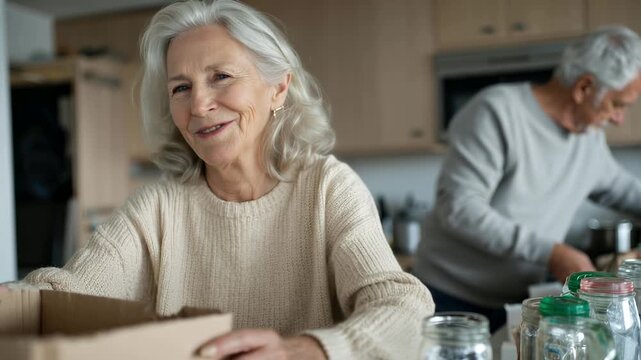 Senior couple packing belongings, possibly downsizing or relocating. Woman looks thoughtfully at camera, while man works in the background.  Warm, domestic scene.  Focus on mature adults, lifestyle.